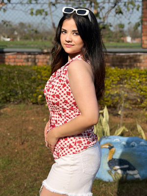 TANDUL Red and White Checkered Waistcoat