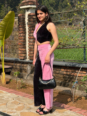TANDUL Women Pink and Black Velvet Co-ord Set