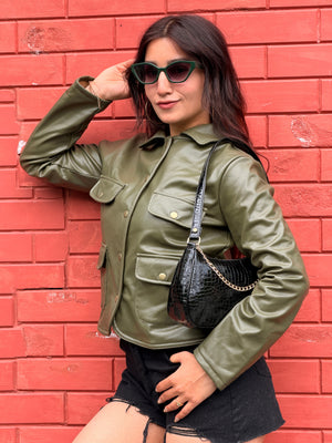TANDUL Women Olive Green Faux Leather Jacket