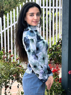 TANDUL  Women Floral Print High Neck White Sweater