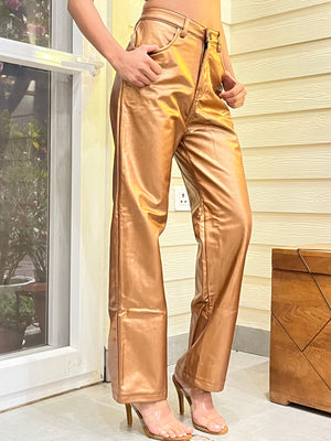 TANDUL  Women Regular Fit Gold Faux Leather Trousers