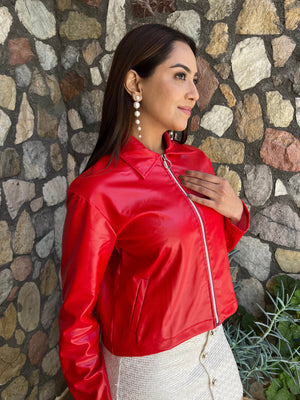 TANDUL Women Stunning Red Leather Jacket