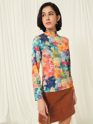 TANDUL  Women Floral Print High Neck Multicolor Sweater