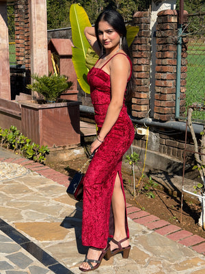 TANDUL Women Stunning Maroon Velvet Bodycon Dress