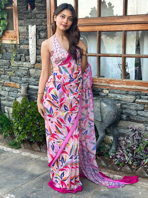 ELTIRE Pink Floral Printed Georgette Sari