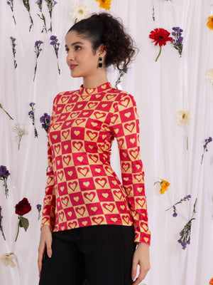 TANDUL Heart Printed Velvet Highneck