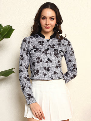 TANDUL Women Stunning Black and White Floral Print Jacket