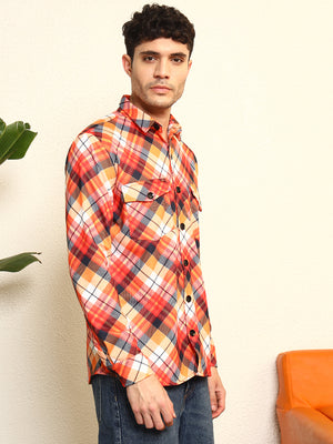 TANDUL Men's Striking Orange and Black Plaid Printed Shaket