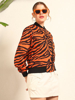 TANDUL Women Striking Orange and Black Zebra Print Jacket