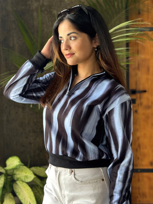 TANDUL Women Black and White Striped Sweatshirt