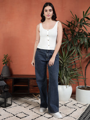 Casual Sleeveless Solid Women White Top