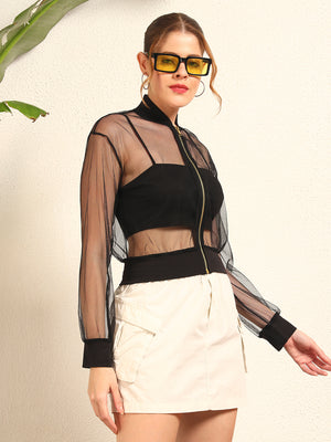 TANDUL Women Stunning Black Net Jacket Style Top
