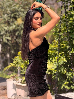 TANDUL Women Elegant Classic Black Velvet Dress