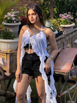 TANDUL Women Elegant White Ruffled Top
