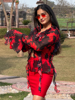 TANDUL Women Stunning Red and Black Floral Top