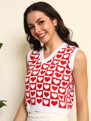 TANDUL Women Charming Red and White Heart Patterned Sweater
