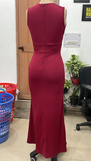 TANDUL Women Wine Red Plunging V-Neck Tulip Maxi Dress