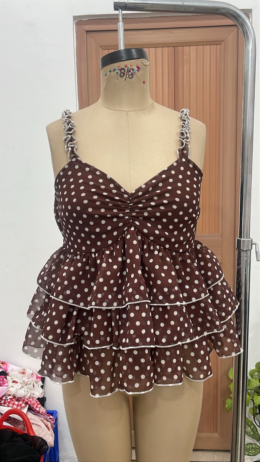 TANDUL Women Vintage Brown Polka Dot Ruffle Top