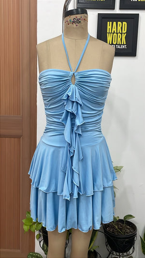 TANDUL Women Sky Blue Ruched Halter Mini Dress with Cascading Ruffles