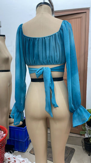 TANDUL Women Ruched Square Neck  Georgette Crop Top