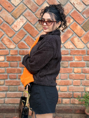TANDUL Women Striking Orange and Black Fur Jacket