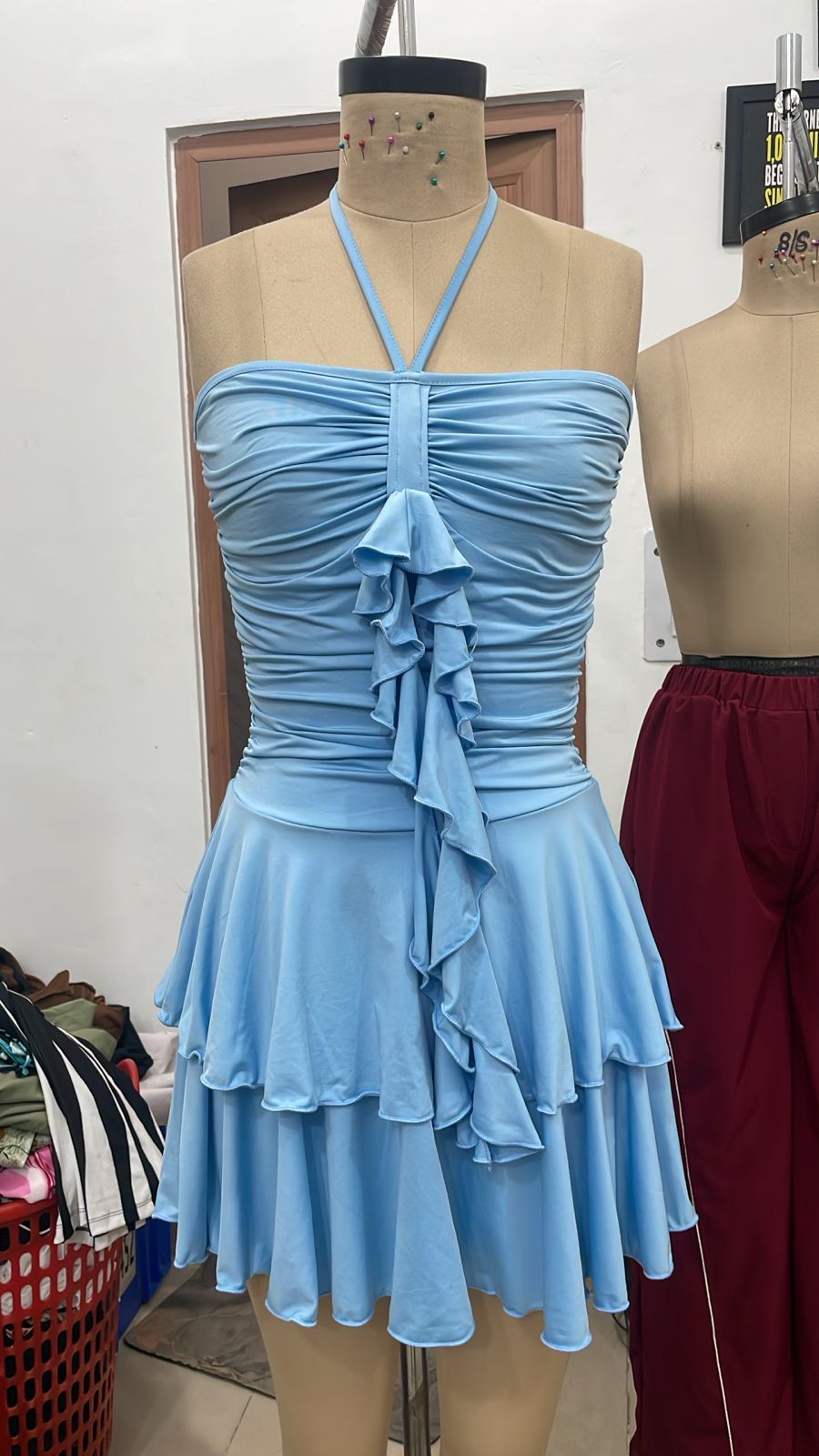 TANDUL Women Sky Blue Ruched Halter Mini Dress with Cascading Ruffles