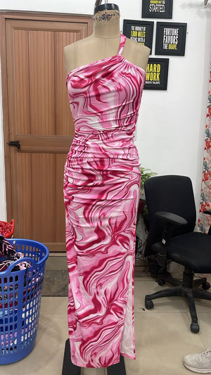 TANDUL Women’s Pink Abstract Swirl One-Shoulder Maxi Dress