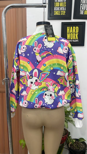 TANDUL Women’s Colorful Rainbow & Bat-Bunny Printed Cropped Sweatshirt