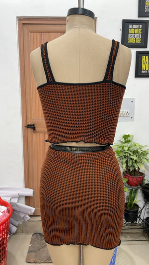 TANDUL Women Brown Waffle Crop Top and Mini Skirt Co-ord