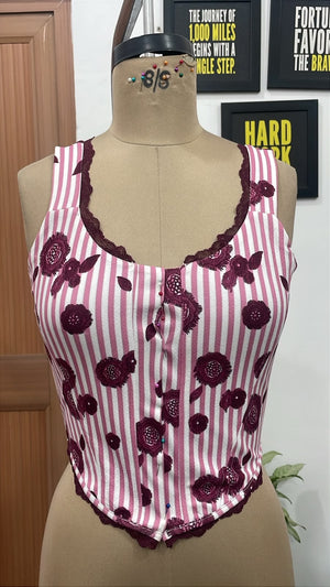TANDUL Women Pink Vertical Striped Floral Lace Cami Corset Top