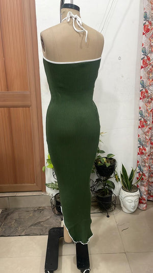 TANDUL Women Chic Green High Slit Knitted Dress