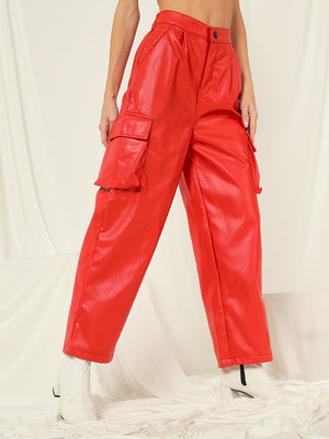 TANDUL  Women Regular Fit Red Faux Leather Trousers