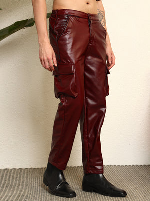 TANDUL  Men Regular Fit Maroon Faux Leather Trousers