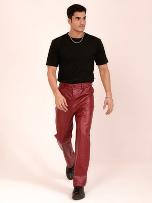 TANDUL  Men Regular Fit Maroon Faux Leather Trousers