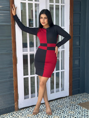 TANDUL Women Stunning Red and Black Color Block Dress