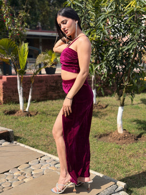 TANDUL Women Wine Color Velvet Co-ord Set