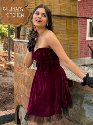 TANDUL Women Elegant Wine Color Velvet Co-ord Set