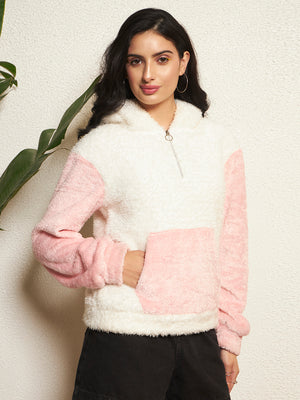 TANDUL Women Solid White and Pink Fur Hoodie