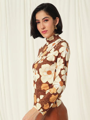 TANDUL  Women Floral Print High Neck Brown Sweater