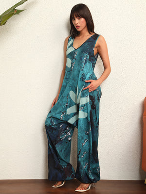 TANDUL Emerald Blue and White Floral jumpsuit