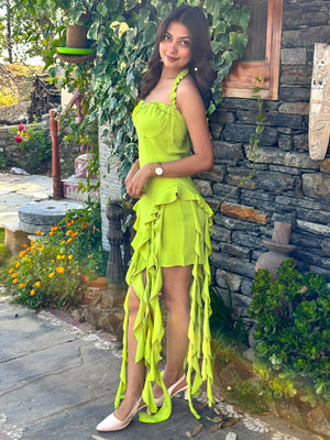 TANDUL Vibrant Neon Green Frills Dress
