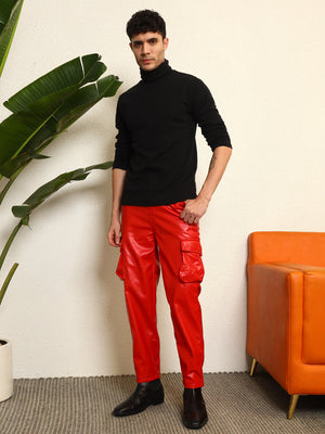TANDUL  Men Regular Fit Red Faux Leather Trousers
