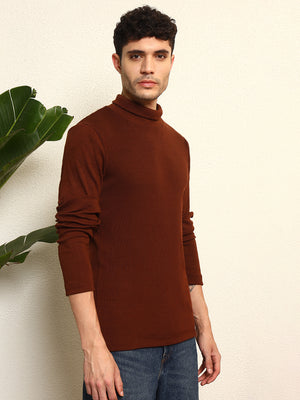 TANDUL Men's Solid Brown Highneck