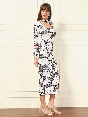 TANDUL White Kitty Printed Bodycon Dress