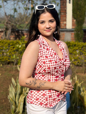 TANDUL Red and White Checkered Waistcoat