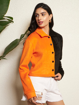 TANDUL Women Striking Orange and Black Fur Jacket