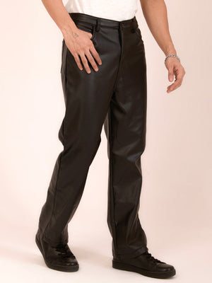 TANDUL  Men Regular Fit Black Faux Leather Trousers