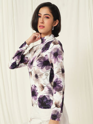 TANDUL  Women Floral Print High Neck White Sweater