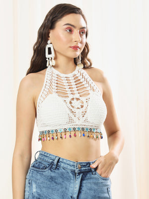 TANDUL  Casual Sleeveless Solid Women White Top