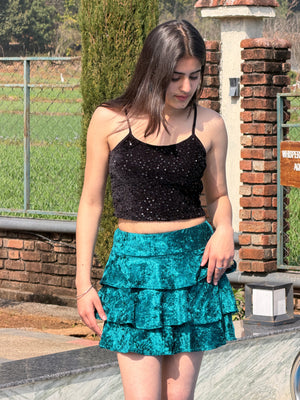 TANDUL Women Exquisite Teal Blue Velvet Skirt